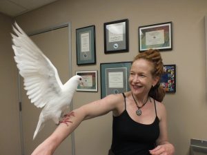 Zoe & foster pigeon Snowflower at a visit to Medical Center for Birds