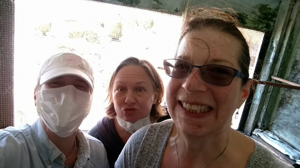 Selfie of 3 volunteers, sweaty & masked,