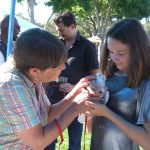 Volunteer introducing young woman to rescued pigeon