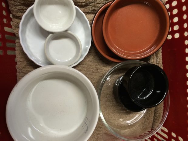 Heavy, flat-bottom, straight-sided ceramic dishes are best 