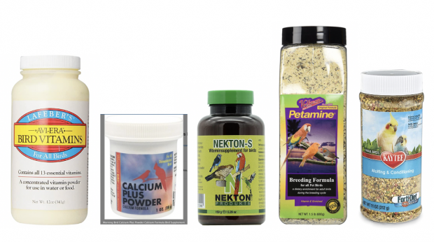 A photo showing images of these products: Lafeber's, Morning Glory Calcium Plus, Nekton-S, Petamine & Kaytee's Molting & Conditioning